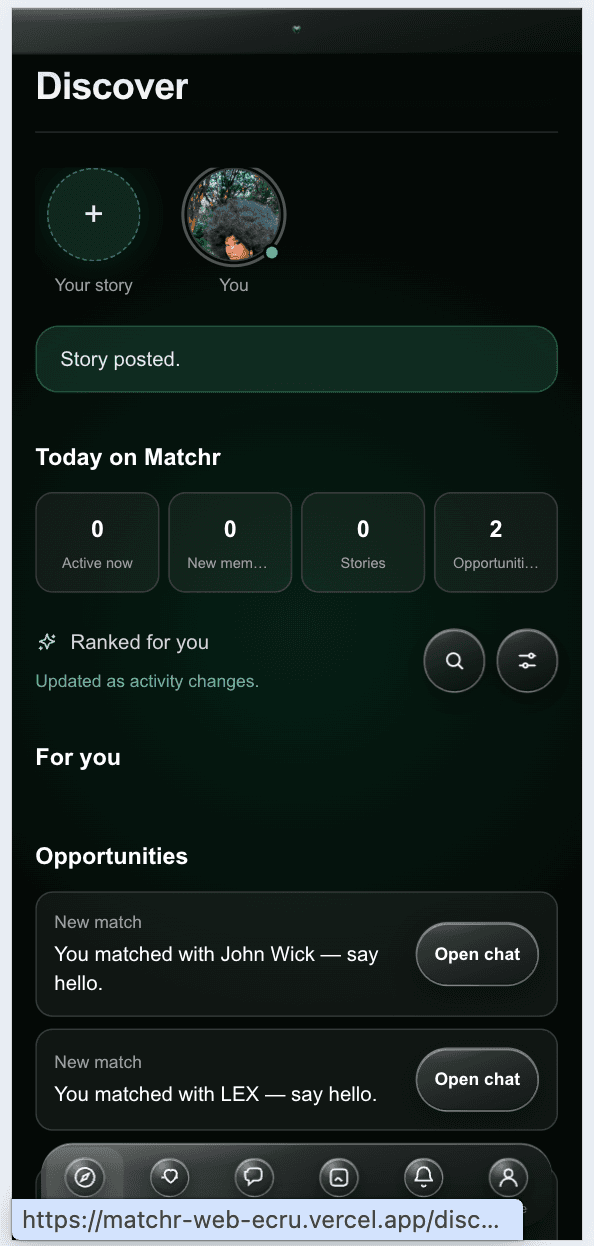 Matchr Discover screen showing profile discovery