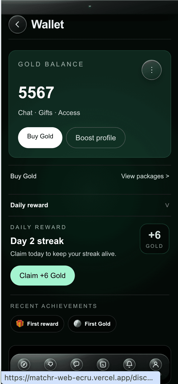 Matchr wallet screen