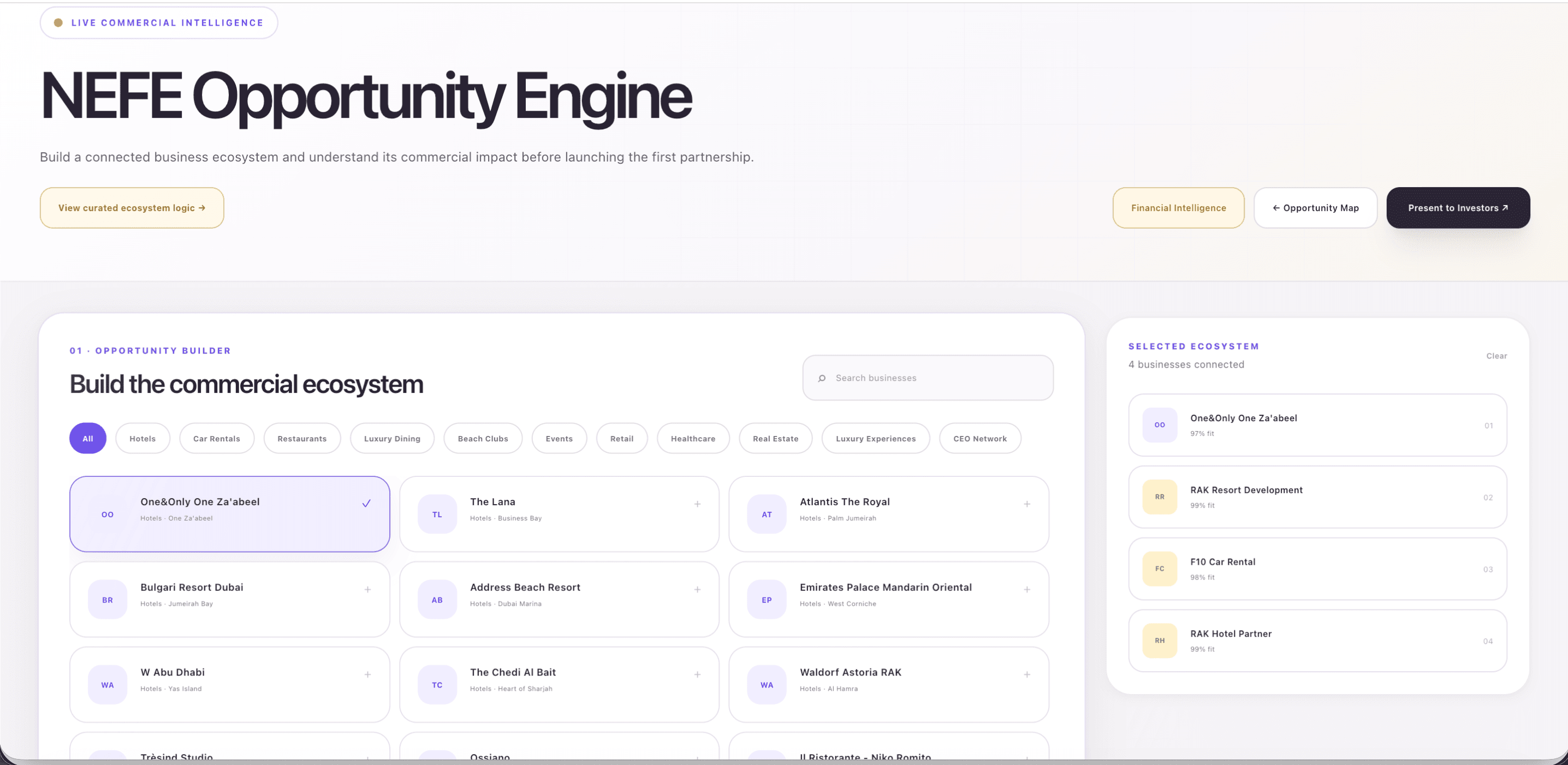 Nefe Business Platform curated ecosystems screen