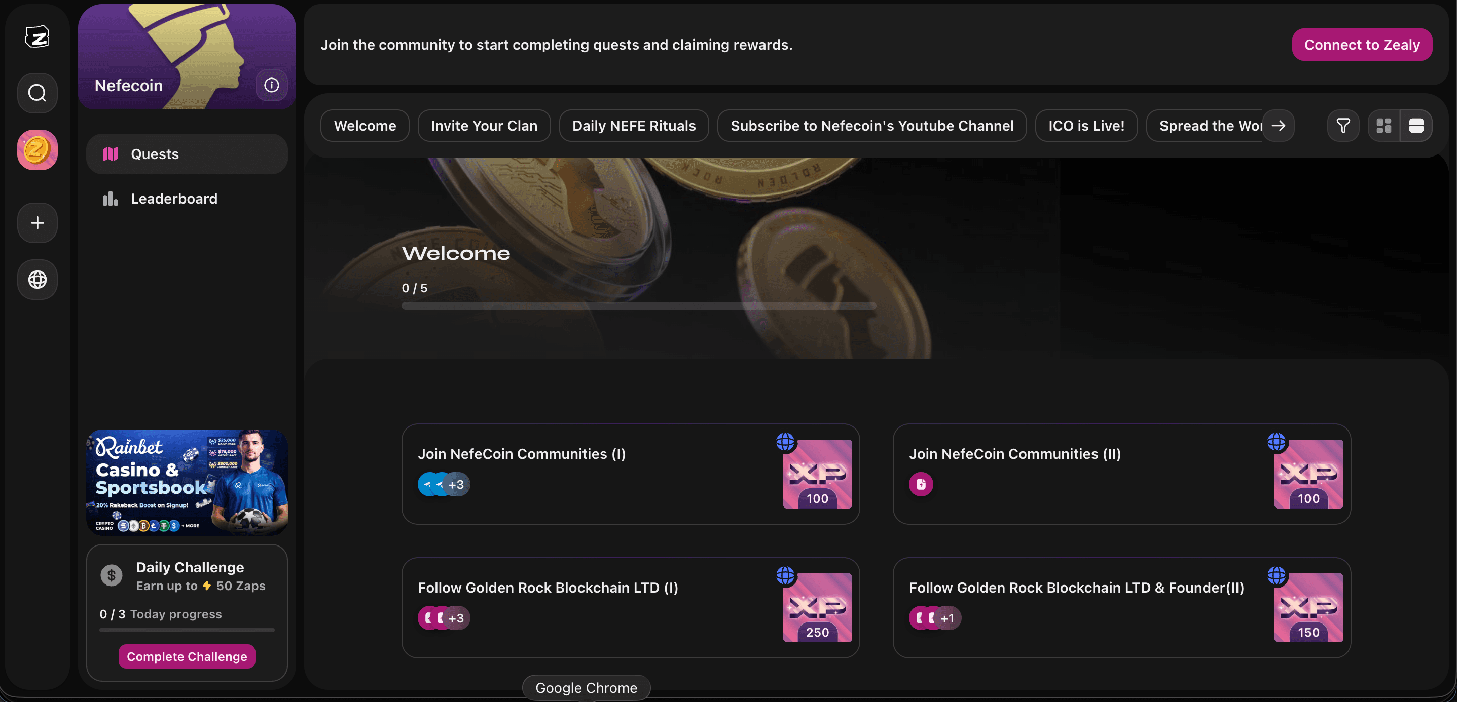 NefeCoin Zealy community campaign screenshot
