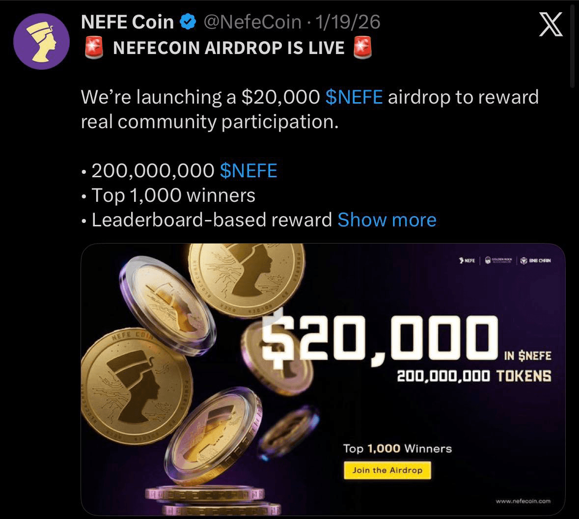 NefeCoin airdrop campaign page screenshot