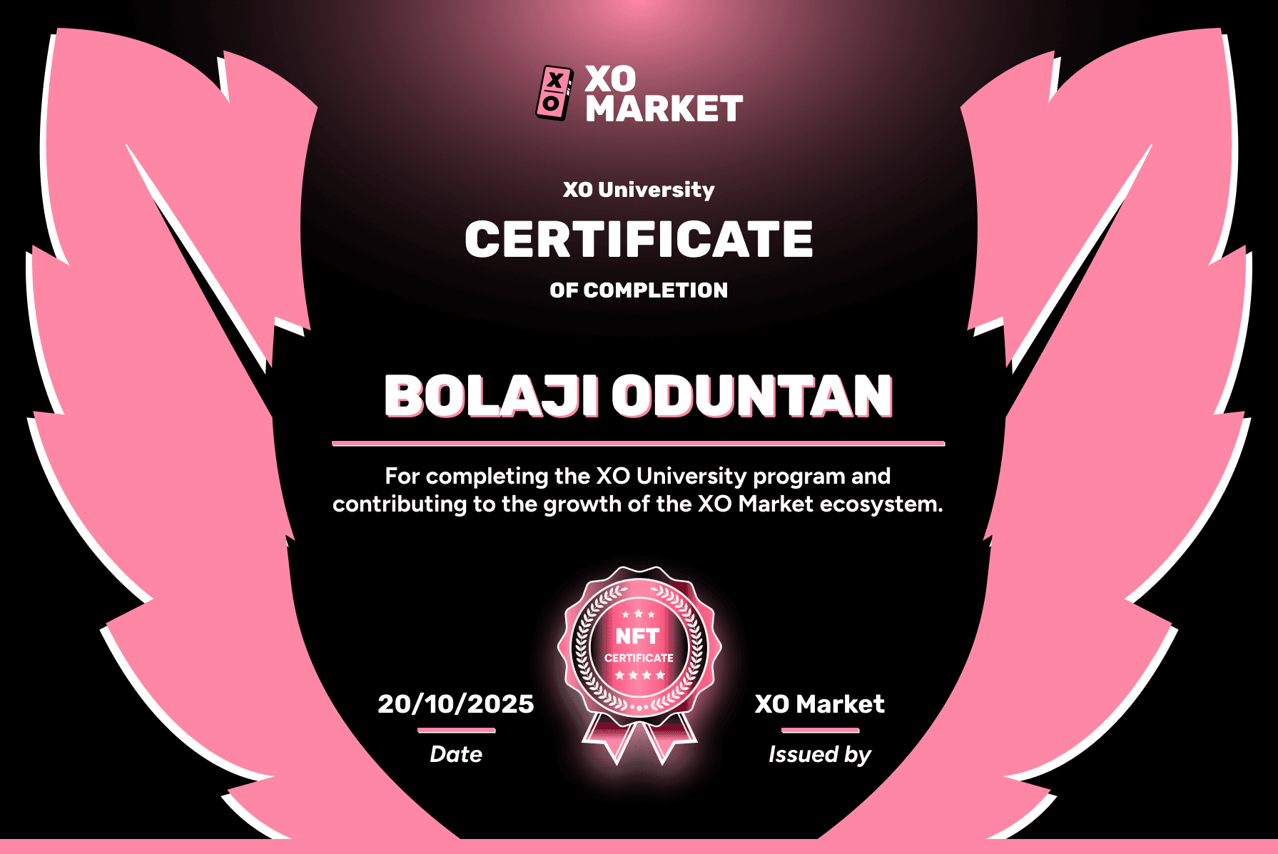 Product Marketing Certificate recognising Bolaji Oduntan's contribution to XO Market
